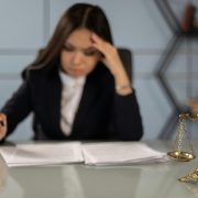 Professional woman blurred in background looking over papers, focus on scales of justice in foreground - Consult KinseyInvestigations.com.