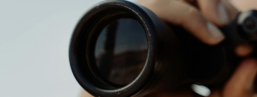 Cropped photo of one lens of a pair of binoculars in a woman's hands - Visit KinseyInvestigations.com.